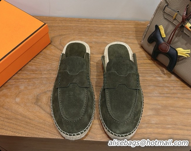 Discount Hermes Nil Espadrilles Mules in Dark Green Suede Calfskin H091546 2026