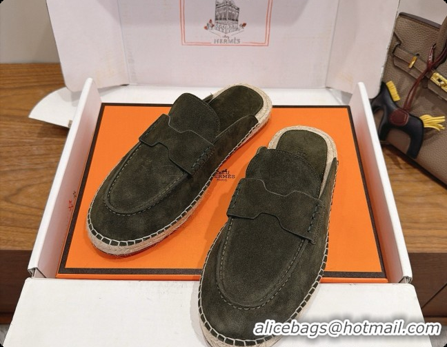 Discount Hermes Nil Espadrilles Mules in Dark Green Suede Calfskin H091546 2026
