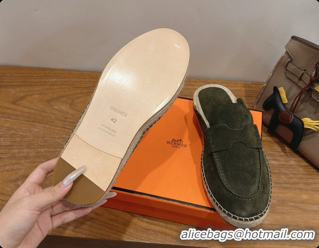 Discount Hermes Nil Espadrilles Mules in Dark Green Suede Calfskin H091546 2026