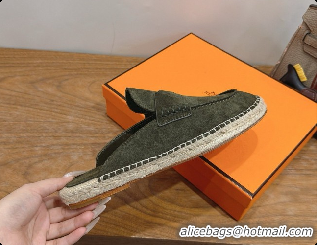 Discount Hermes Nil Espadrilles Mules in Dark Green Suede Calfskin H091546 2026