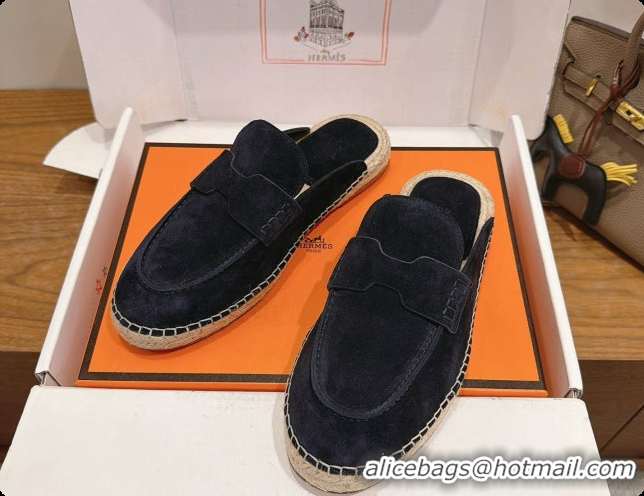 Stylish Hermes Nil Espadrilles Mules in Deep Blue Suede Calfskin H091547 2026
