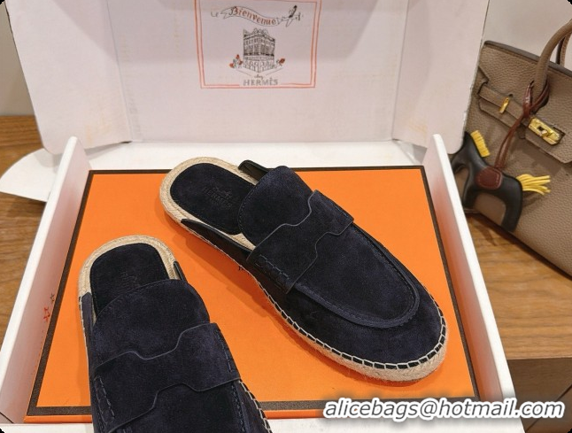 Stylish Hermes Nil Espadrilles Mules in Deep Blue Suede Calfskin H091547 2026