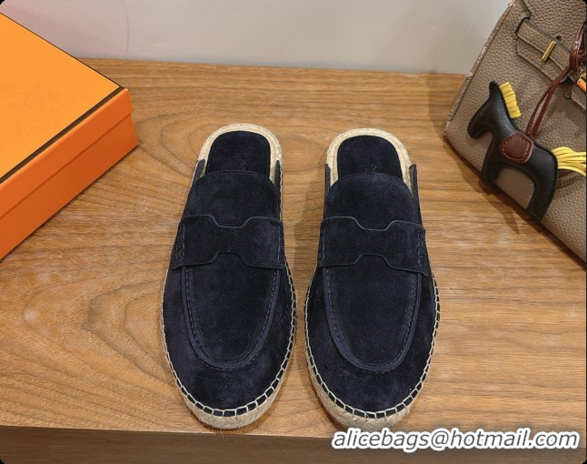 Stylish Hermes Nil Espadrilles Mules in Deep Blue Suede Calfskin H091547 2026