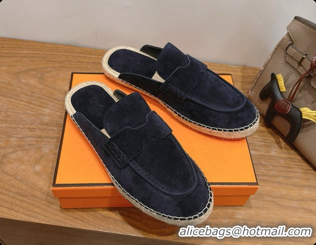 Stylish Hermes Nil Espadrilles Mules in Deep Blue Suede Calfskin H091547 2026