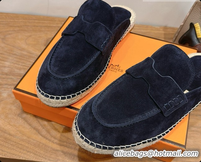 Stylish Hermes Nil Espadrilles Mules in Deep Blue Suede Calfskin H091547 2026