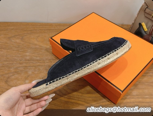 Stylish Hermes Nil Espadrilles Mules in Deep Blue Suede Calfskin H091547 2026