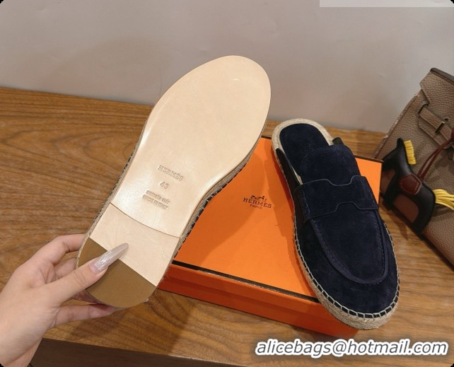 Stylish Hermes Nil Espadrilles Mules in Deep Blue Suede Calfskin H091547 2026