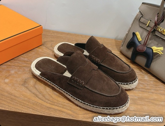 Perfect Hermes Nil Espadrilles Mules in Dark Brown Suede Calfskin H091549 2026