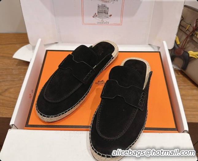 Top Quality Hermes Nil Espadrilles Mules in Black Suede Calfskin H091552 2026