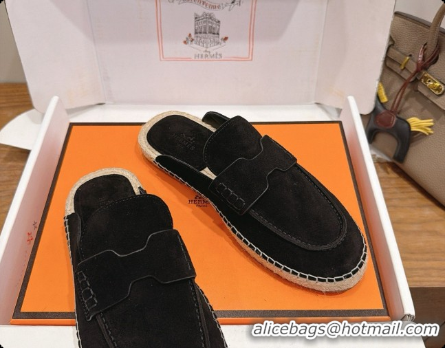 Top Quality Hermes Nil Espadrilles Mules in Black Suede Calfskin H091552 2026