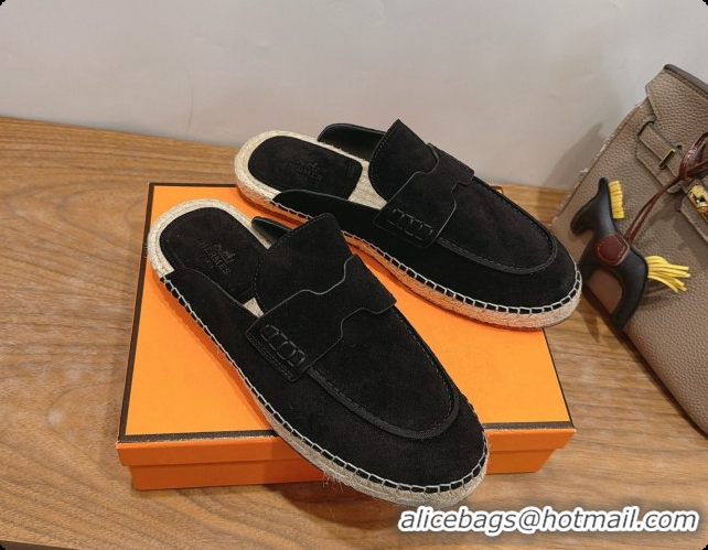 Top Quality Hermes Nil Espadrilles Mules in Black Suede Calfskin H091552 2026