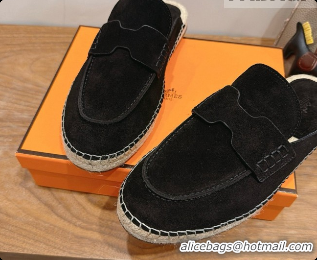 Top Quality Hermes Nil Espadrilles Mules in Black Suede Calfskin H091552 2026