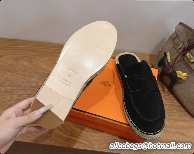 Top Quality Hermes Nil Espadrilles Mules in Black Suede Calfskin H091552 2026