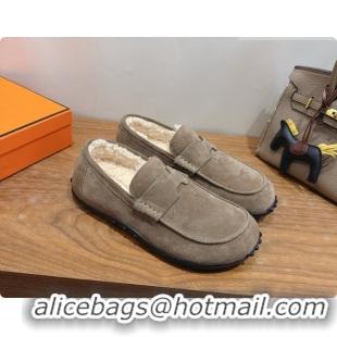 Super Quality Hermes Lazy Loafer in Suede & Shearling H091567 Grey 2026