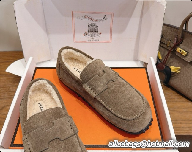 Super Quality Hermes Lazy Loafer in Suede & Shearling H091567 Grey 2026