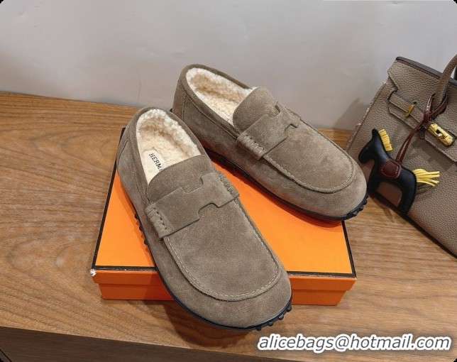 Super Quality Hermes Lazy Loafer in Suede & Shearling H091567 Grey 2026