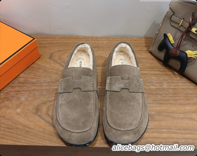 Super Quality Hermes Lazy Loafer in Suede & Shearling H091567 Grey 2026