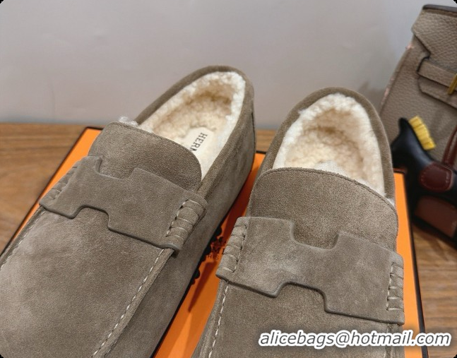 Super Quality Hermes Lazy Loafer in Suede & Shearling H091567 Grey 2026