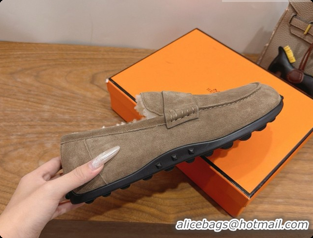 Super Quality Hermes Lazy Loafer in Suede & Shearling H091567 Grey 2026