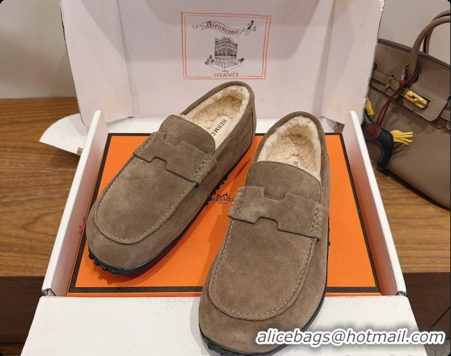 Super Quality Hermes Lazy Loafer in Suede & Shearling H091567 Grey 2026
