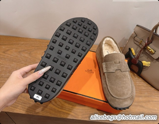 Super Quality Hermes Lazy Loafer in Suede & Shearling H091567 Grey 2026