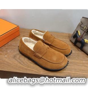 Pretty Style Hermes Lazy Loafer in Suede & Shearling H091569 Brown 2026