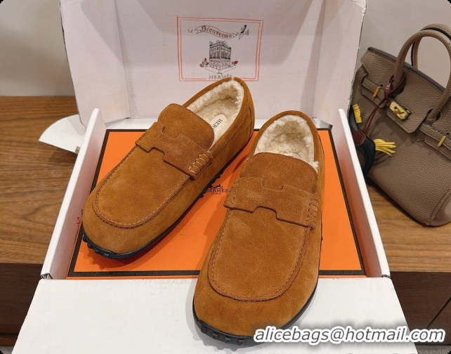 Pretty Style Hermes Lazy Loafer in Suede & Shearling H091569 Brown 2026