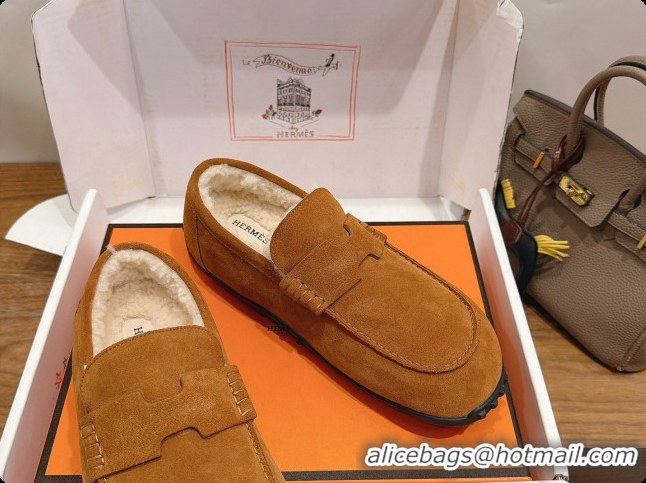 Pretty Style Hermes Lazy Loafer in Suede & Shearling H091569 Brown 2026