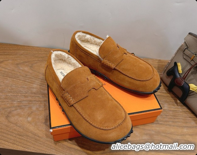 Pretty Style Hermes Lazy Loafer in Suede & Shearling H091569 Brown 2026