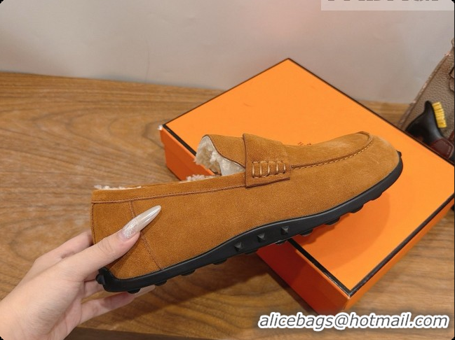 Pretty Style Hermes Lazy Loafer in Suede & Shearling H091569 Brown 2026