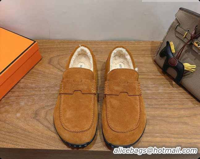 Pretty Style Hermes Lazy Loafer in Suede & Shearling H091569 Brown 2026
