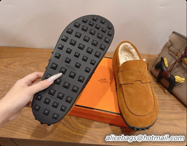 Pretty Style Hermes Lazy Loafer in Suede & Shearling H091569 Brown 2026