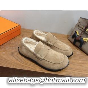 Good Quality Hermes Lazy Loafer in Suede & Shearling H091570 Beige 2026