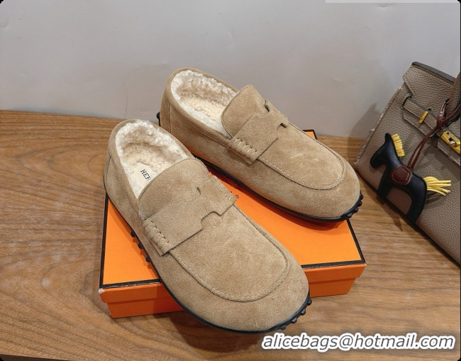 Good Quality Hermes Lazy Loafer in Suede & Shearling H091570 Beige 2026