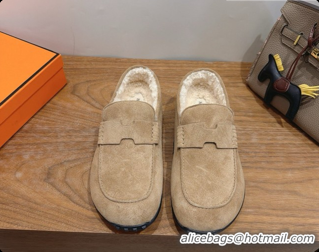 Good Quality Hermes Lazy Loafer in Suede & Shearling H091570 Beige 2026