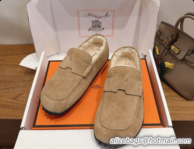 Good Quality Hermes Lazy Loafer in Suede & Shearling H091570 Beige 2026