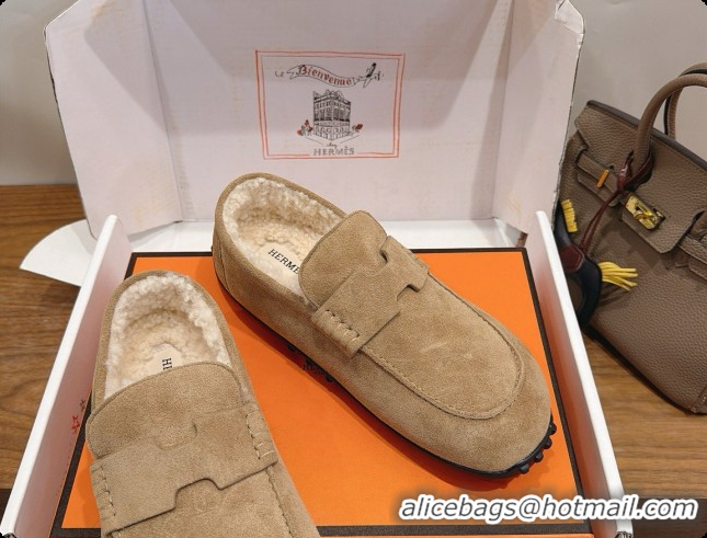 Good Quality Hermes Lazy Loafer in Suede & Shearling H091570 Beige 2026