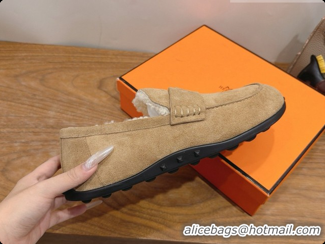 Good Quality Hermes Lazy Loafer in Suede & Shearling H091570 Beige 2026
