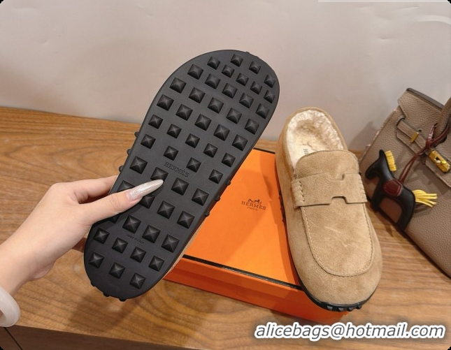 Good Quality Hermes Lazy Loafer in Suede & Shearling H091570 Beige 2026