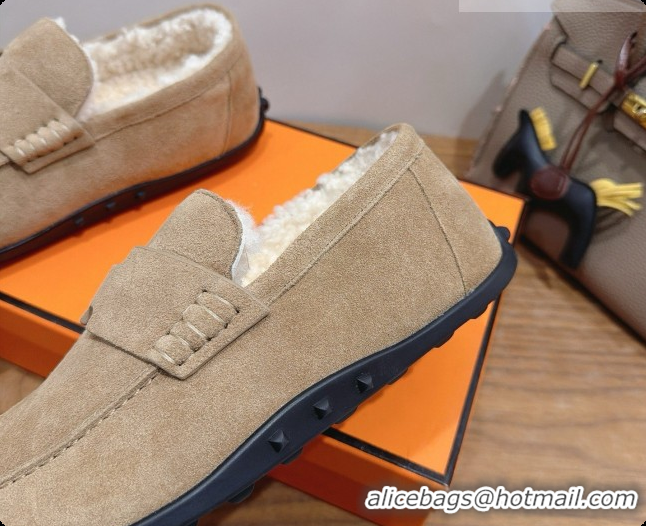 Good Quality Hermes Lazy Loafer in Suede & Shearling H091570 Beige 2026