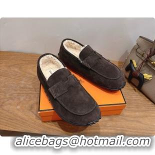 Low Price Hermes Lazy Loafer in Suede & Shearling H091571 Dark Brown 2026
