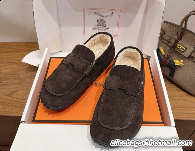 Low Price Hermes Lazy Loafer in Suede & Shearling H091571 Dark Brown 2026