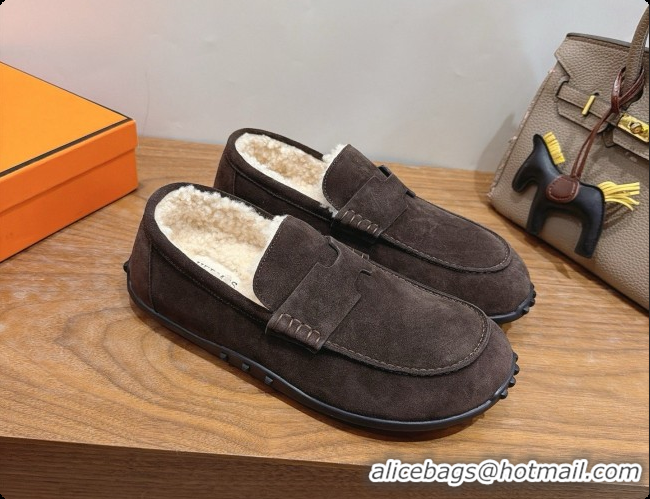 Low Price Hermes Lazy Loafer in Suede & Shearling H091571 Dark Brown 2026