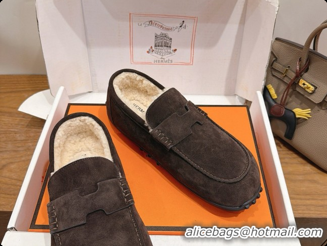 Low Price Hermes Lazy Loafer in Suede & Shearling H091571 Dark Brown 2026