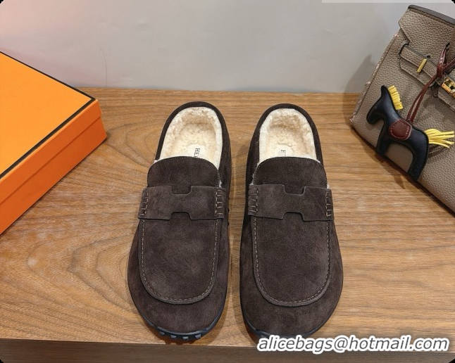 Low Price Hermes Lazy Loafer in Suede & Shearling H091571 Dark Brown 2026