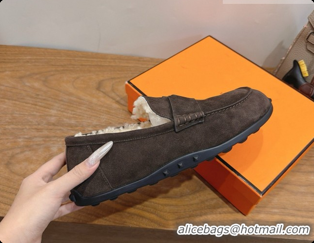 Low Price Hermes Lazy Loafer in Suede & Shearling H091571 Dark Brown 2026