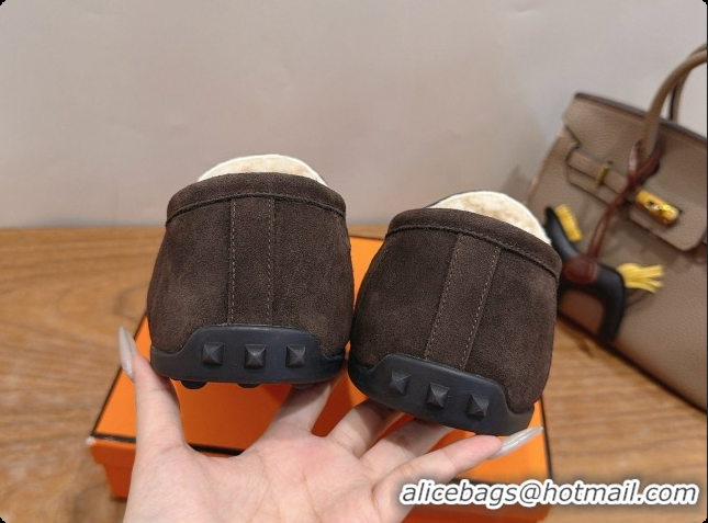 Low Price Hermes Lazy Loafer in Suede & Shearling H091571 Dark Brown 2026