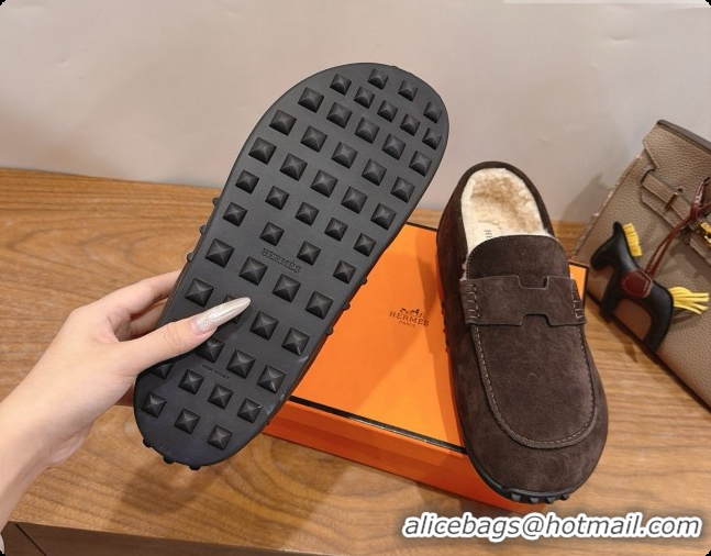 Low Price Hermes Lazy Loafer in Suede & Shearling H091571 Dark Brown 2026