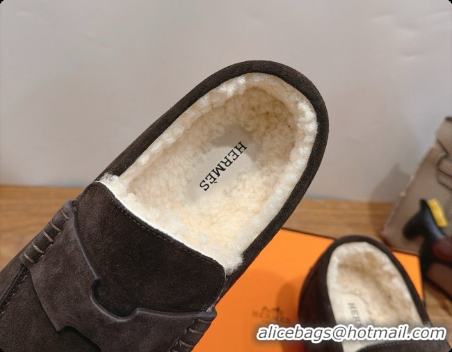 Low Price Hermes Lazy Loafer in Suede & Shearling H091571 Dark Brown 2026