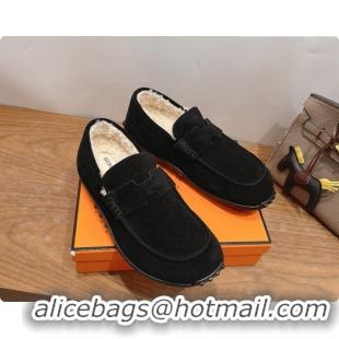 New Style Hermes Lazy Loafer in Suede & Shearling H091572 Black 2026